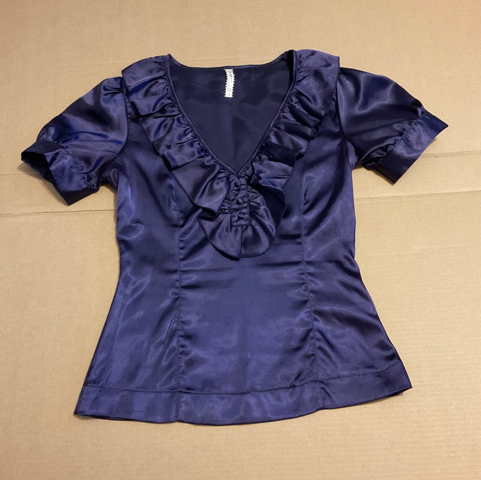 Goth Edwardian Victorian Style Short Sleeves Ruffle Shiny Purple Blouse Top Sz S