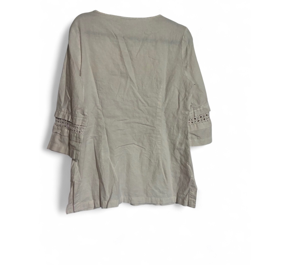 Boho Linen Cotton Blend Eyelet Blouse Beige Crochet Trim Peasant Top // Medium