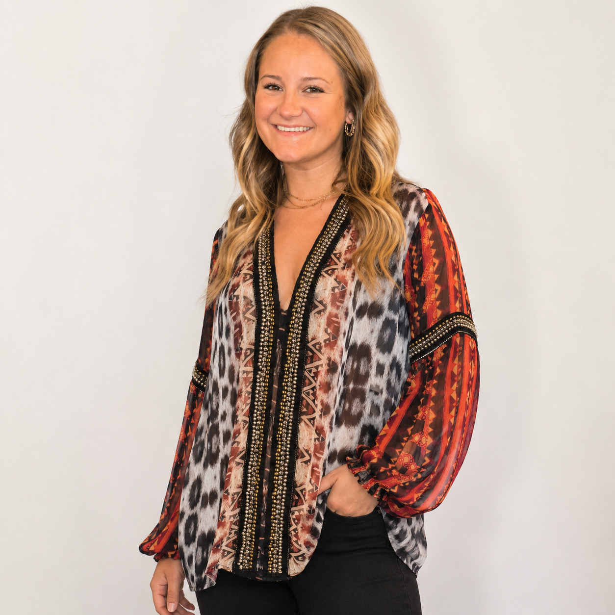 V Cristina Women’s XL Bohemian Leopard and Rust Print with Beaded Neck