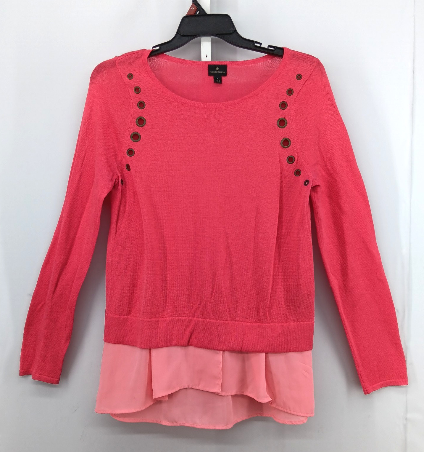 Worthington Shirt Women Medium Coral Pink Long Sleeve Sheer Bottom Knit Top