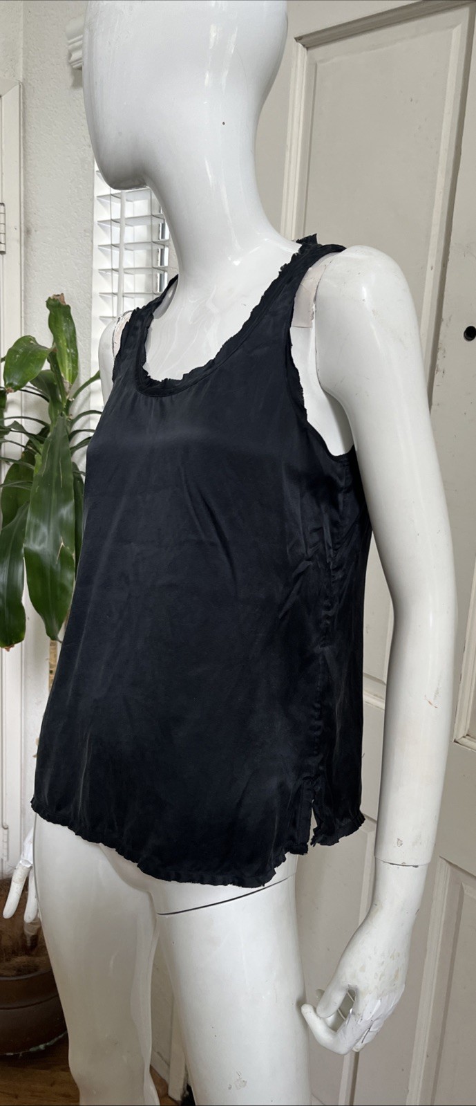 GO by GO SILK NEW! Black 100% Silk Racerback Tank Top w/ Raw Edges Sz XS