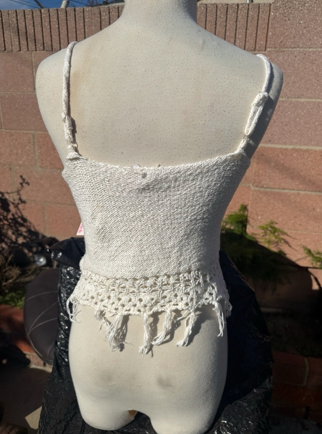 Scooter Brown White Crochet Knit Fringe Cami Tank Top | Boho Festival |