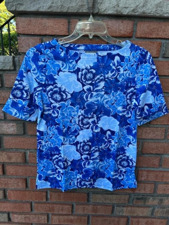 New $19.99 Tags NWT STYLE & CO Blue Floral Print Boat Neck Short Sleeve Top M