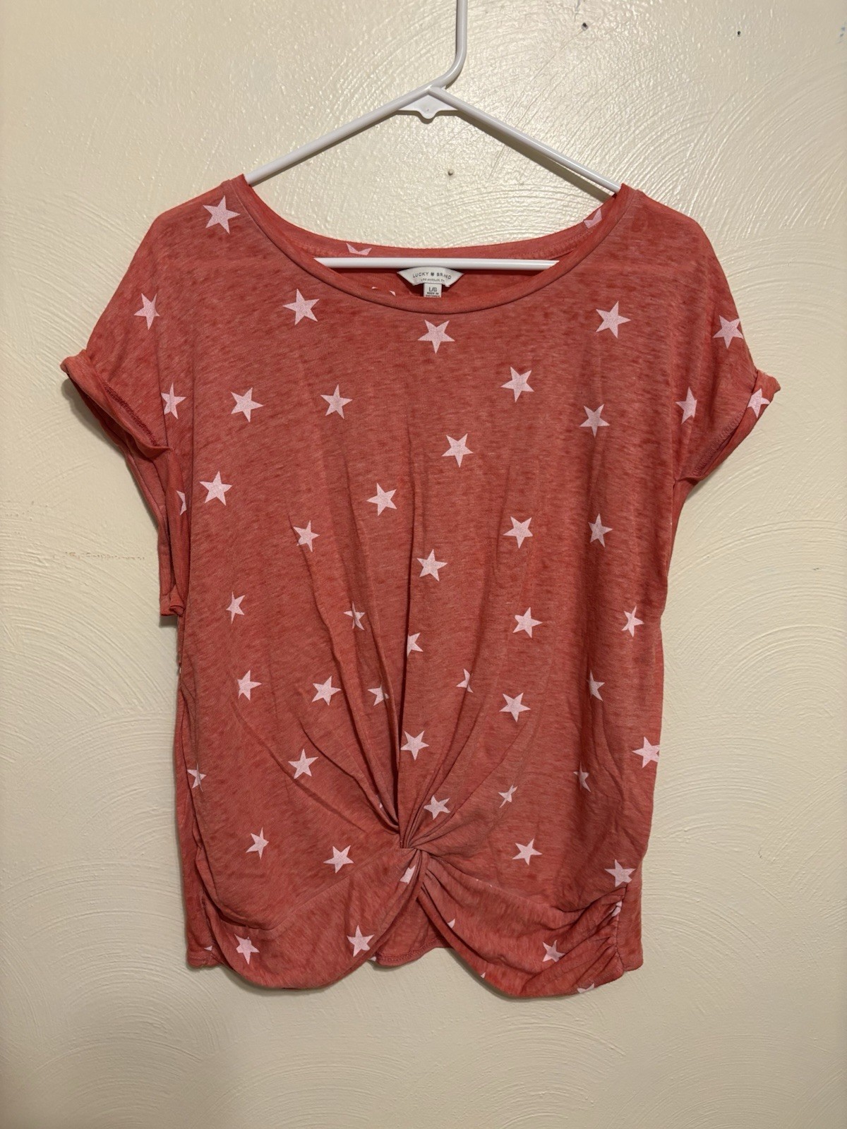 Lucky Brand Pink Star Print Twist Knot Tee L Soft Lightweight Cotton Blend