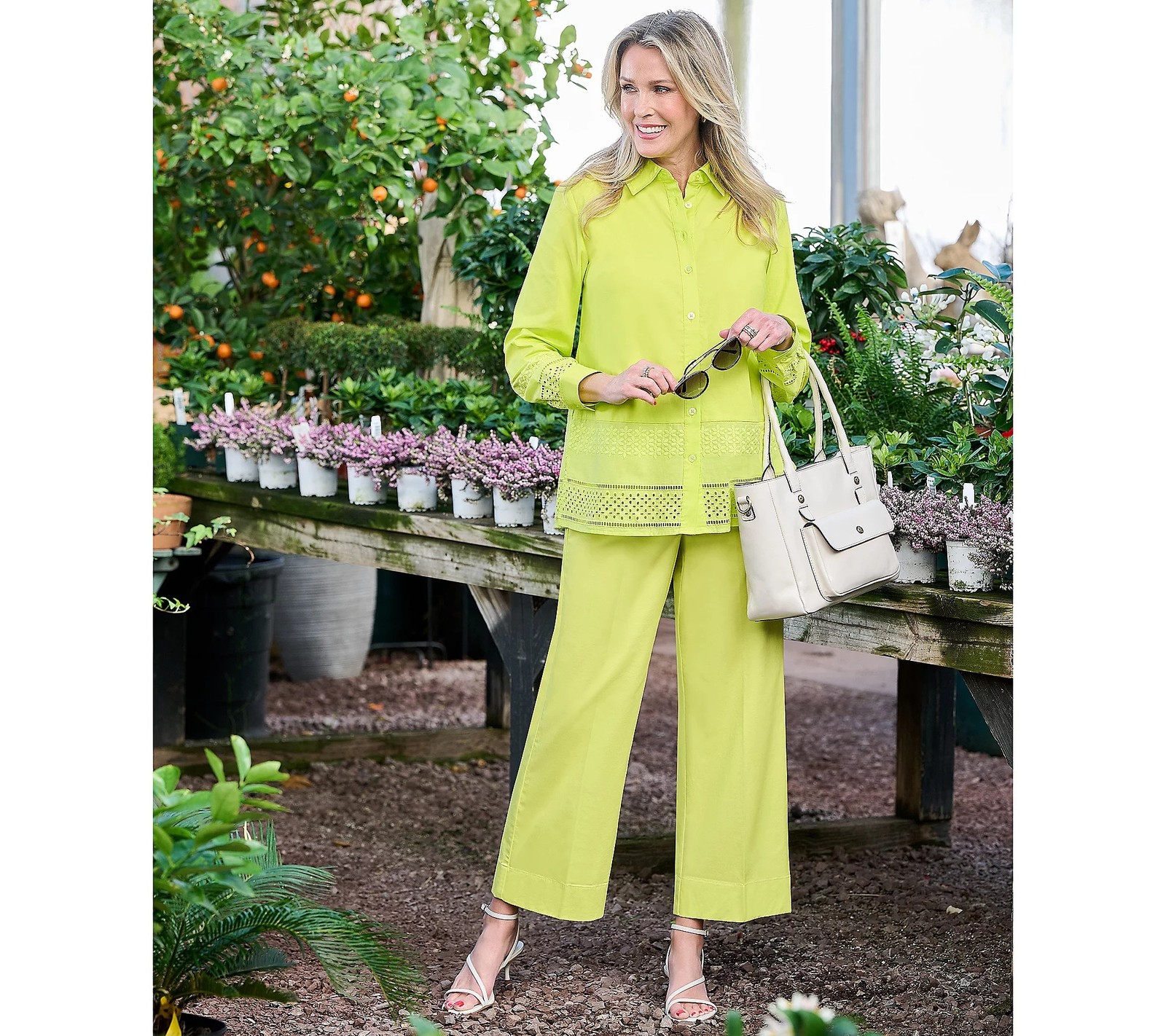 Joan Rivers Classics Collection Button Front Shirt with Eyelet Hem Chartreuse XX