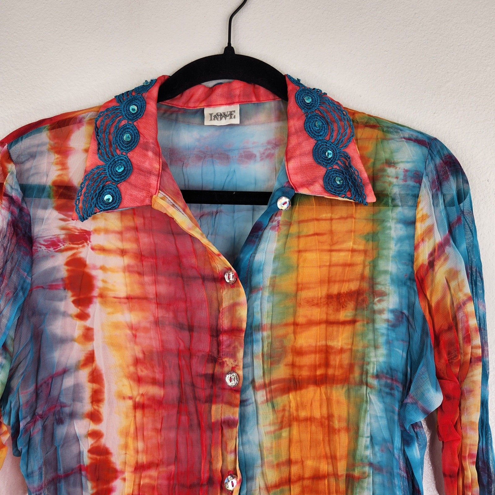 VTG Love Amour Tie Dye Sheer Button Down Blouse Art to Wear Women’s Large