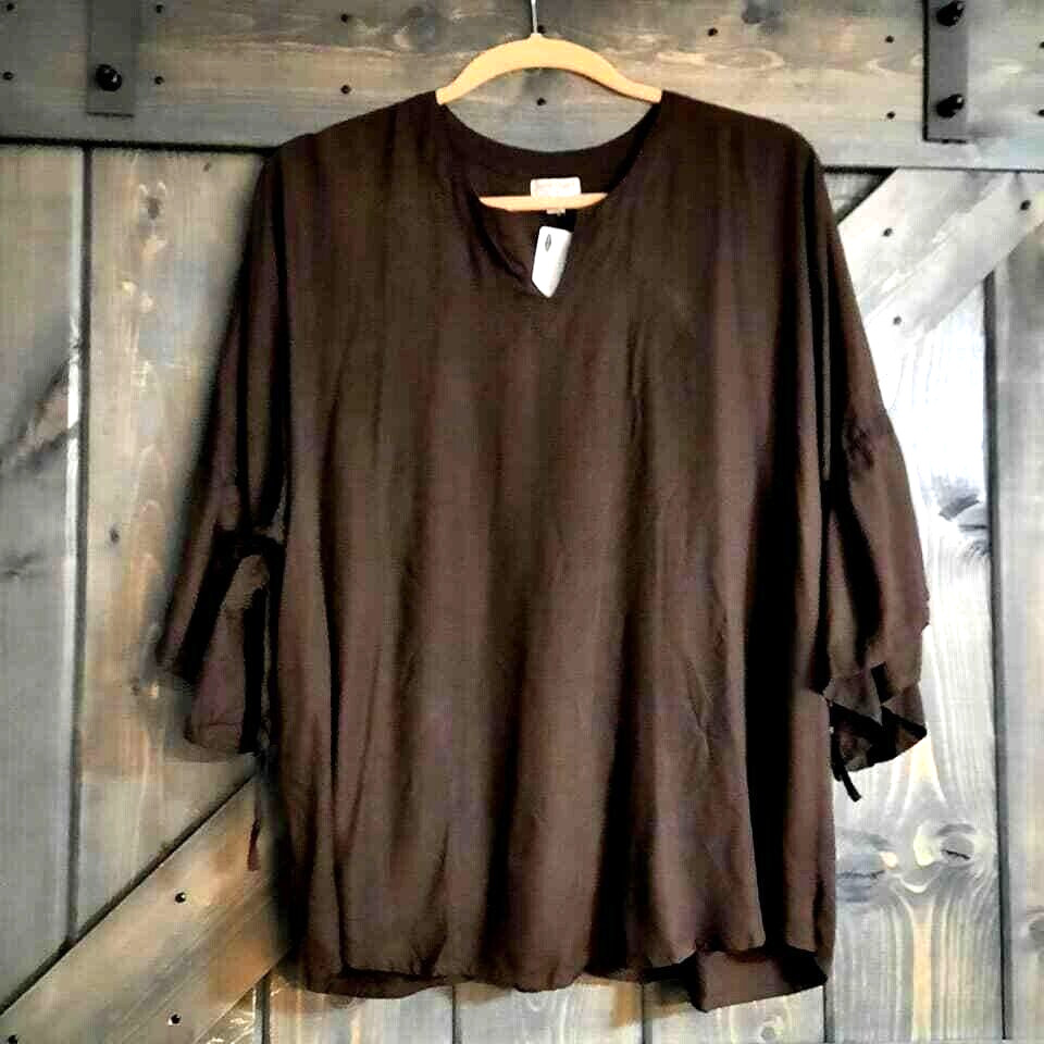 S M L XL Boho peasant BROWN SHIRT drawstring sleeves one size BOUTIQUE