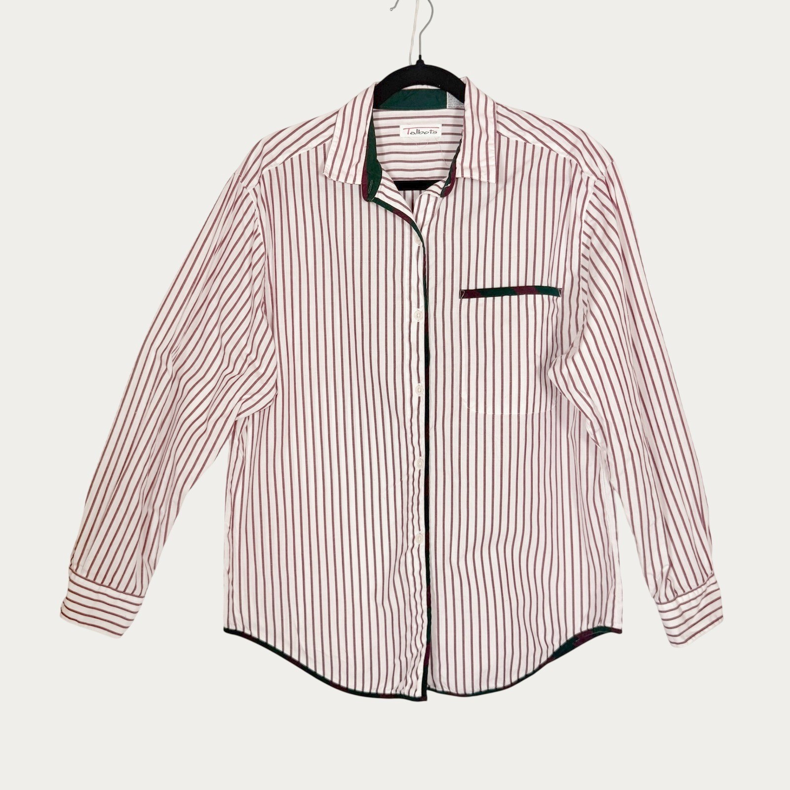 VTG 90s Talbots Womens Red White Striped Cotton Button Down Shirt Green Trim Med