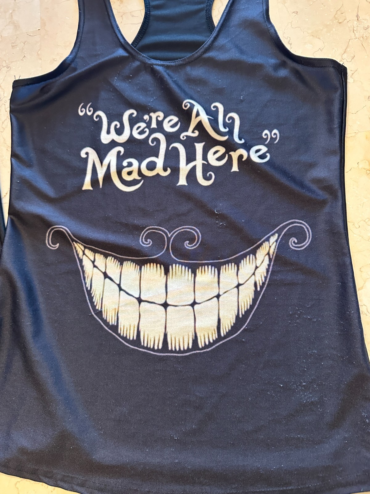 Lot of 2 DISNEY Cheshire Cat “We’re All Mad Here” Alice Twinsies Racerback Top M