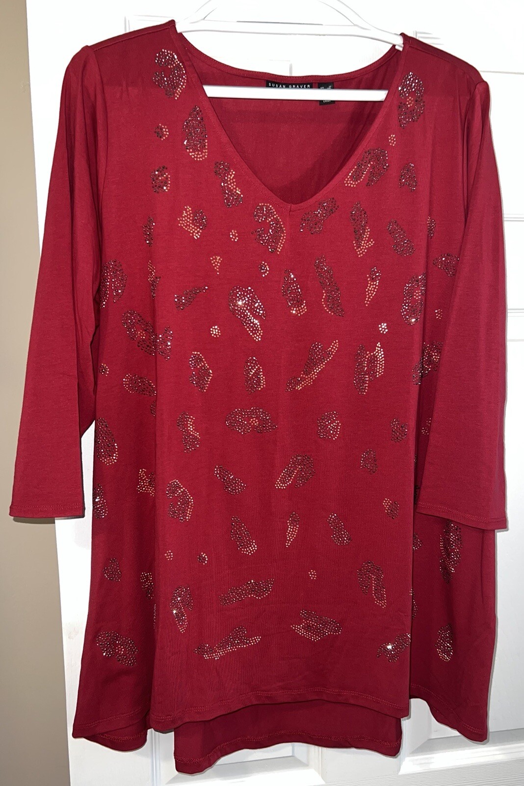 Susan Graver Weekend rose wine red embellished cotton modal knit top Size 1X