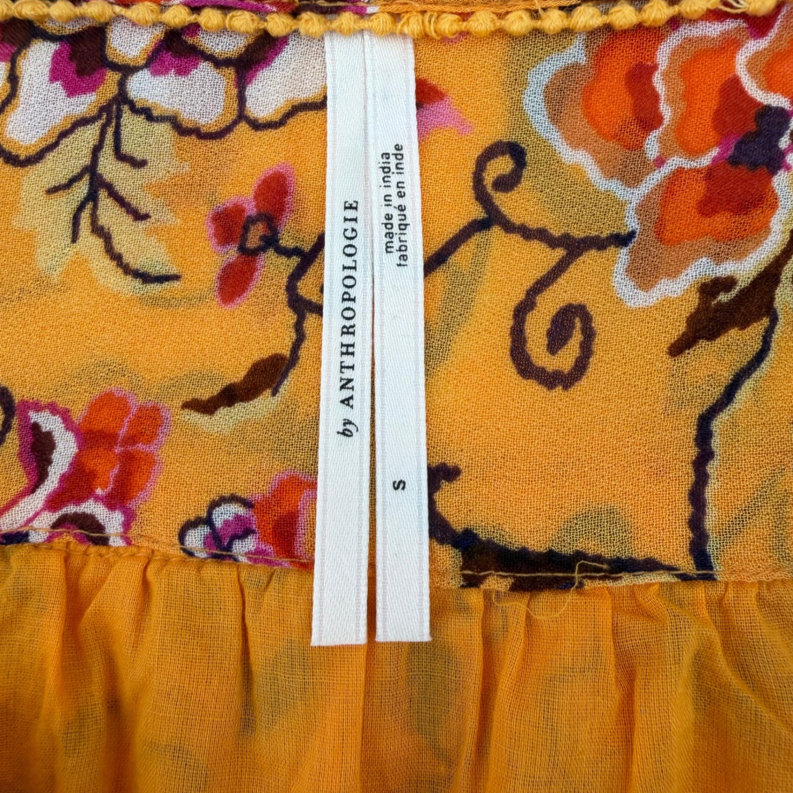 Anthropologie Floral Print Long Sleeve Smocked Waist Blouse Orange Womens Small