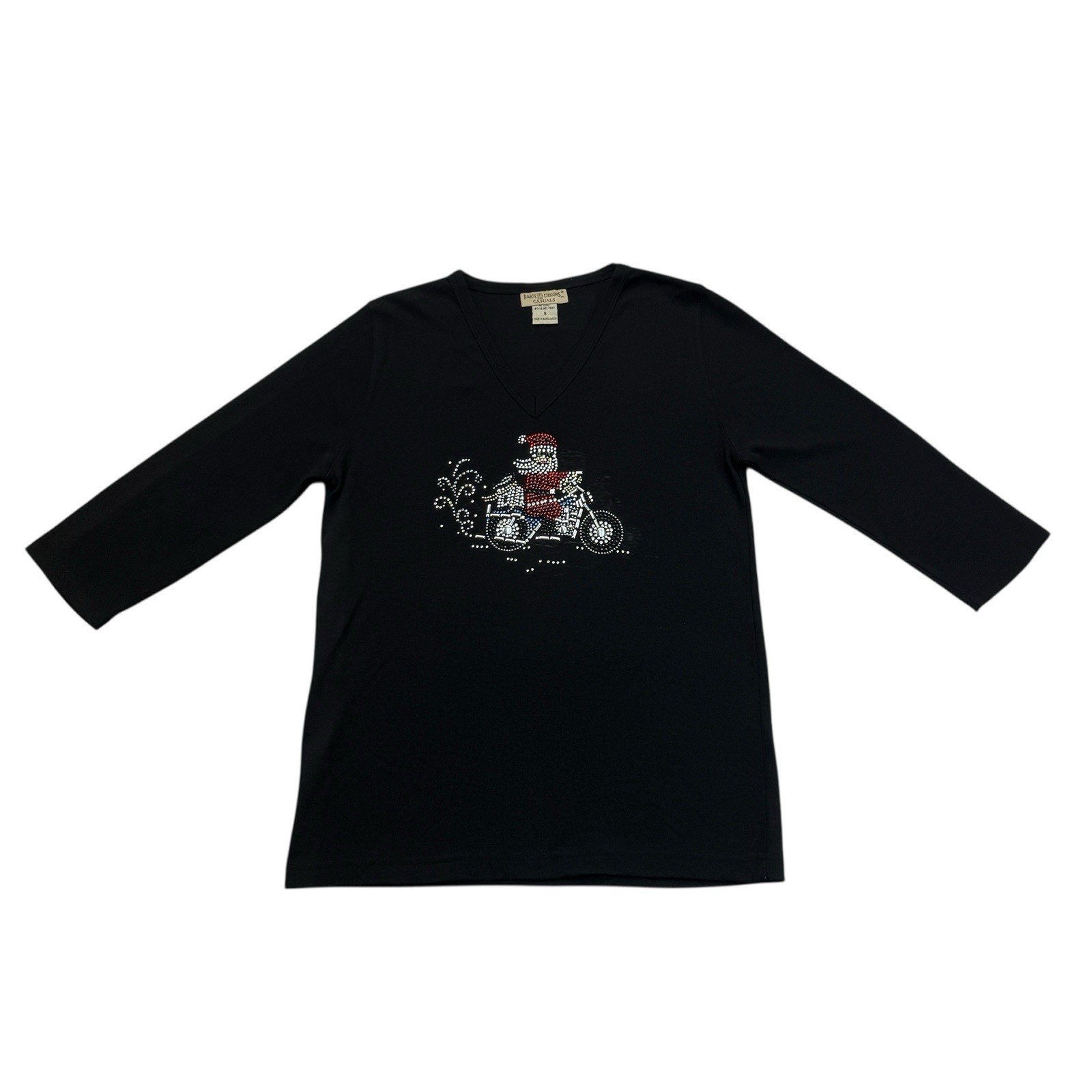 Christmas Shirt Womens Small S Black Biker Santa Claus Motorcycle Rhinestones