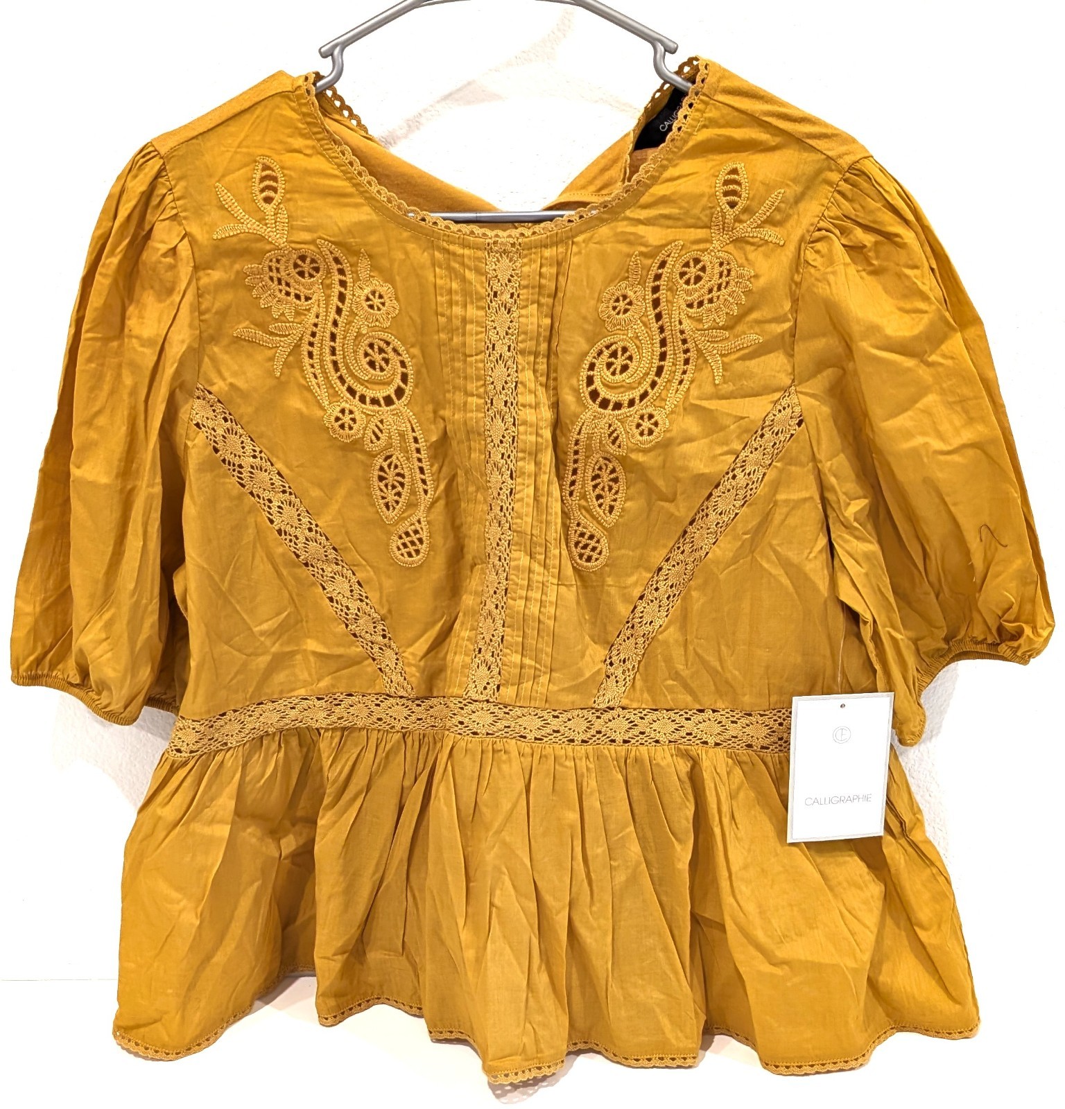 Calligraphie NWT Mustard Yellow Embroidered Lace Boho Peplum Blouse Top Size L