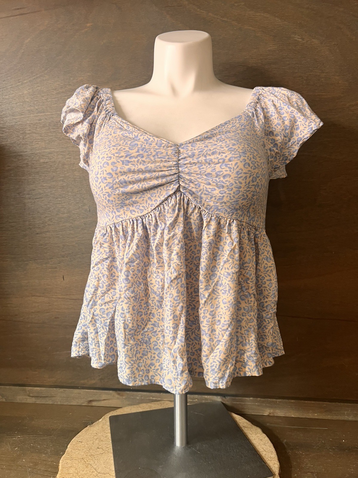 Japna BLUE Floral Ruched Crop Top RUFFLE Sleeve Smocked Romantic Womens Size M
