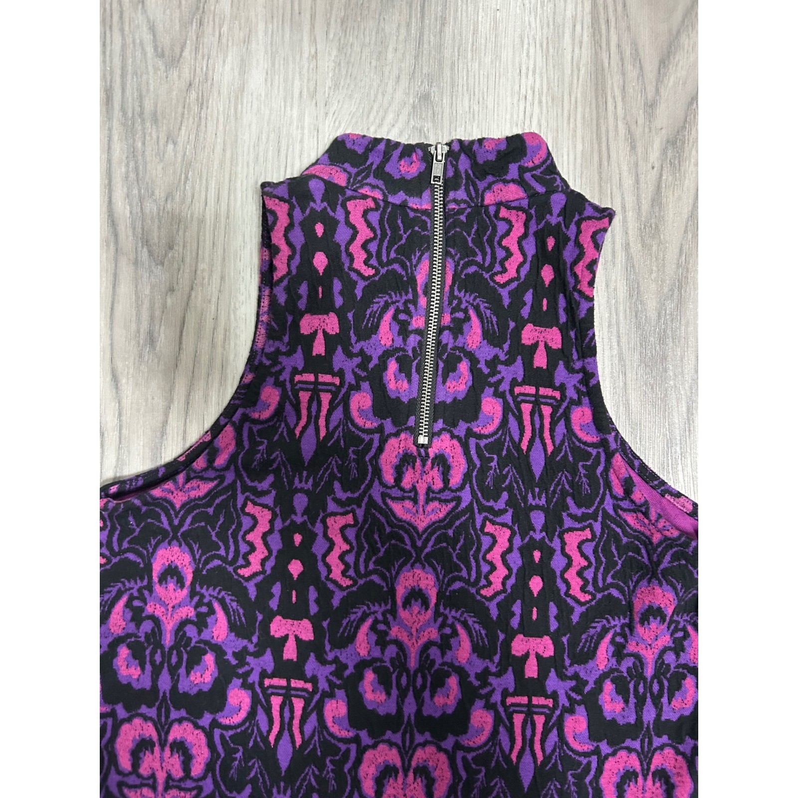 Free People Purple Pink Damask Ikat Mock Neck Drop Waist Tunic top mini dress XS