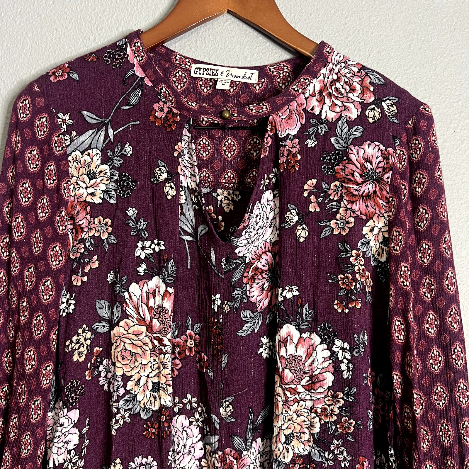 Gypsies & Moondust Womens Size M Floral Patchwork Mixed Media Keyhole Flowy BOHO