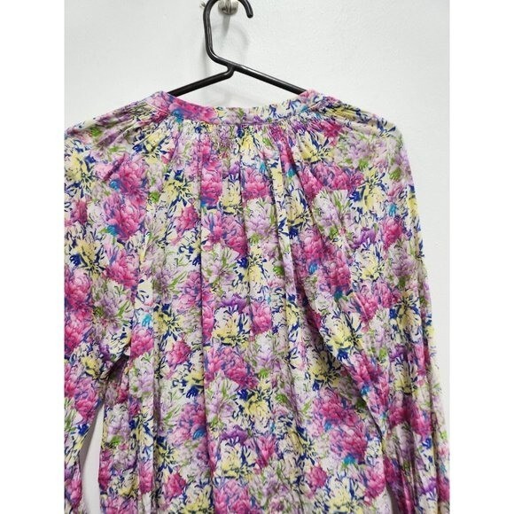 Yumi Kim Womens Silk Blouse Top Small Purple Floral Popover Long Sleeve Cottage