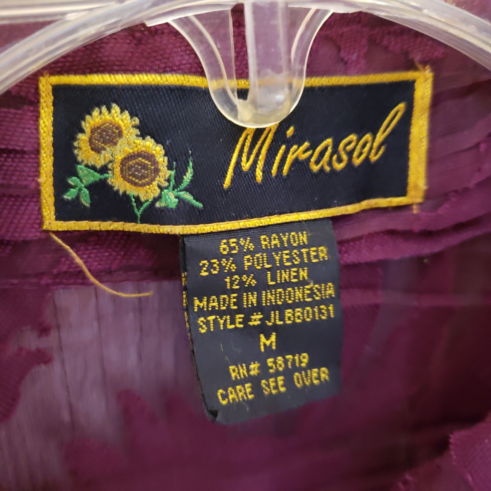 Mirasol Top Burgundy Sheer Button Burnout Office Indie Artsy Boho Chic Size M