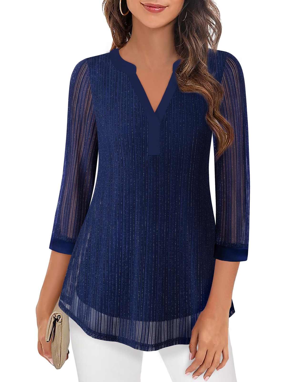 Timeson Work Blouses Dark Blue Dress Shirt Formal Business Blouse Blue M