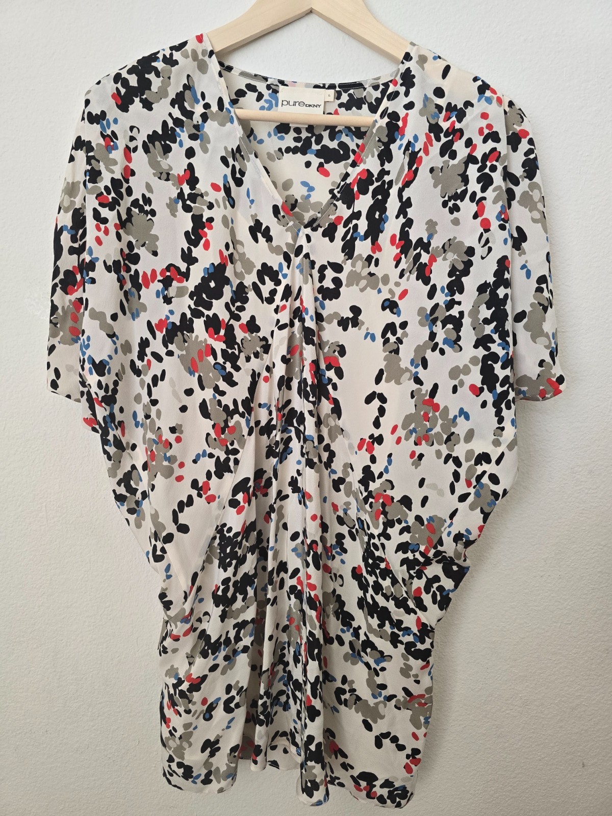 PURE DKNY Beige Multi-Color Sheer Abstract Print V-neck Tunic Blouse Size PS