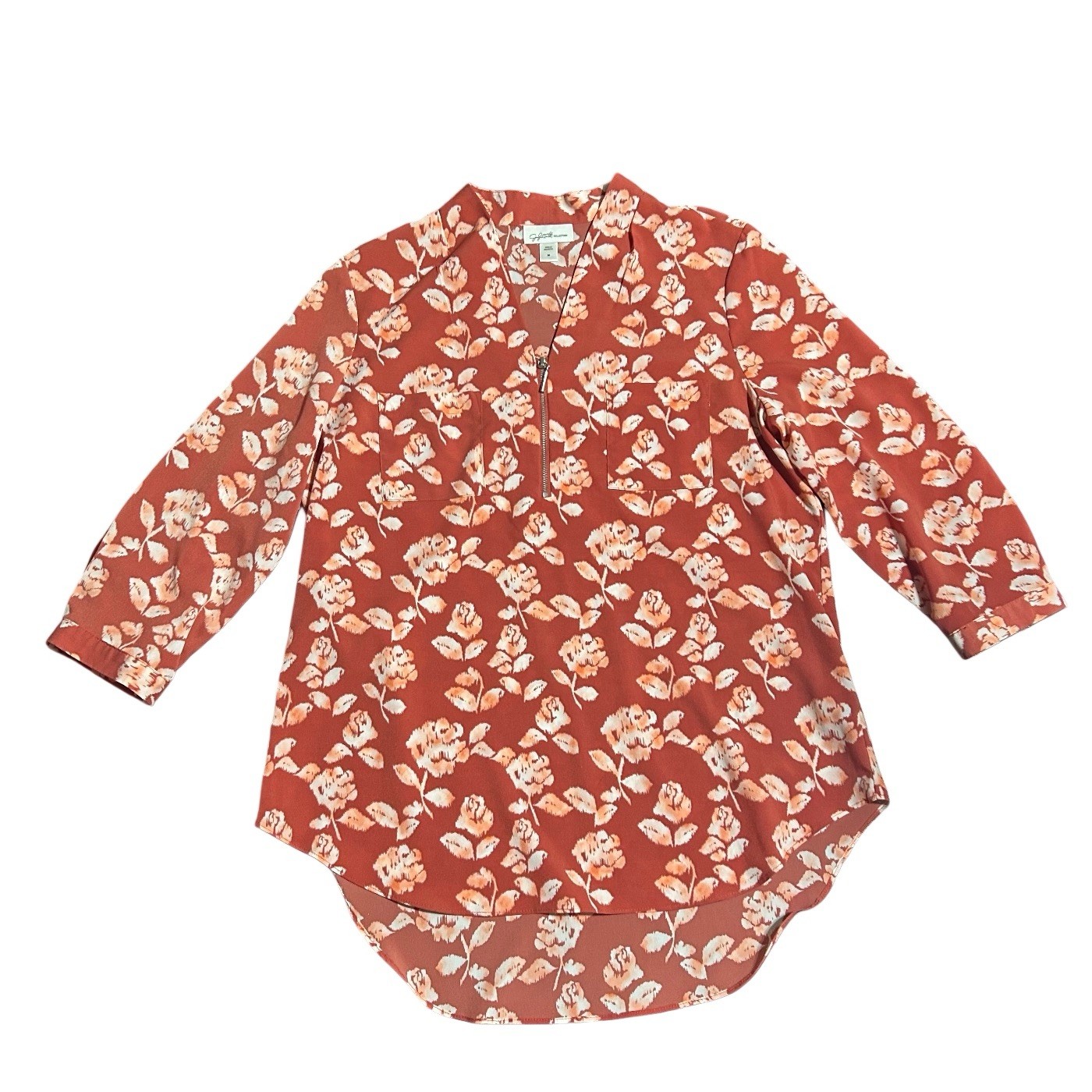 Jaclyn Smith Collection Tunic Half Zip Women’s Med Career Blouse Batik Roses