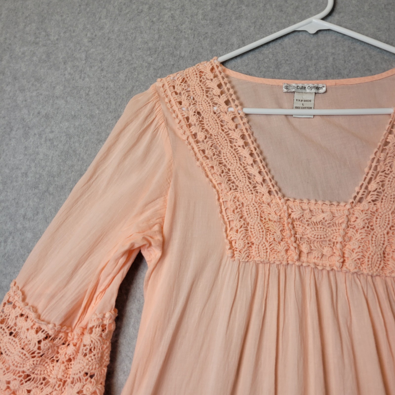 Cute Options 100% Cotton Peachy Pink 3/4 Sleeve Coquette Crochet Boho Top Large