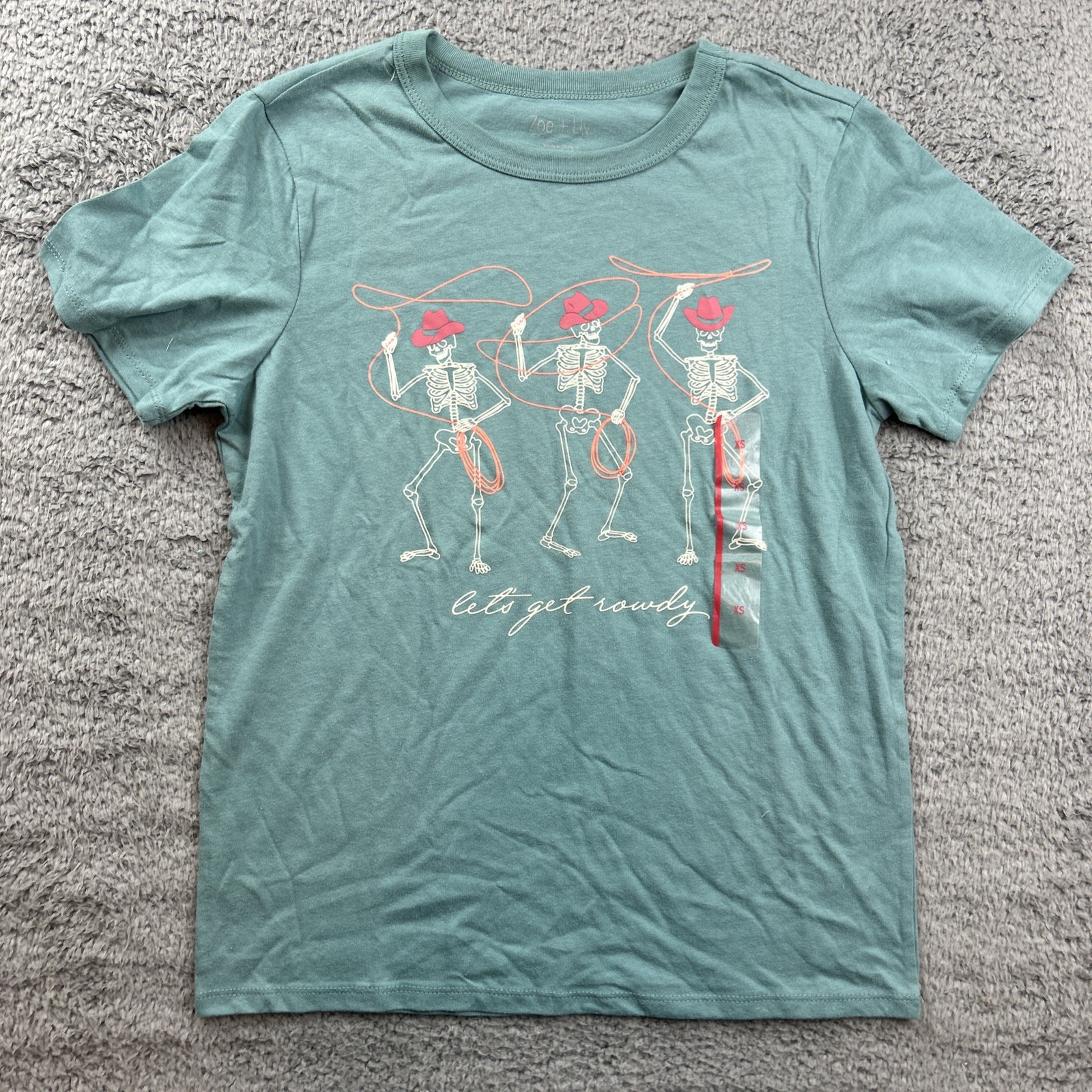 Zoe + Liv Shirt Womens XS Mineral Blue Lets Get Rowdy Skeleton Cowboy Tee