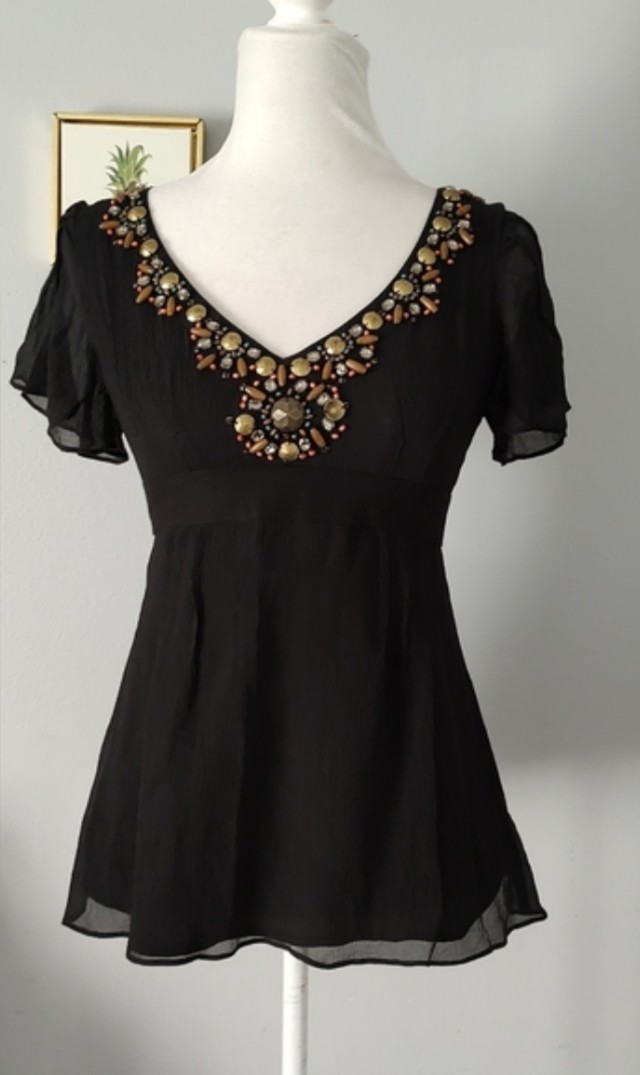 Nanette Lepore Top Blouse Black Size 2 Zipper Back Embellished Neck Good Conditi