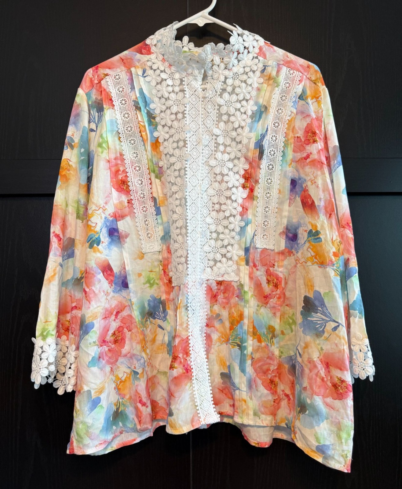 Freckled Poppy x POL Cream Floral Long Sleeve Lace Trim Blouse 3XL Boho Cottage