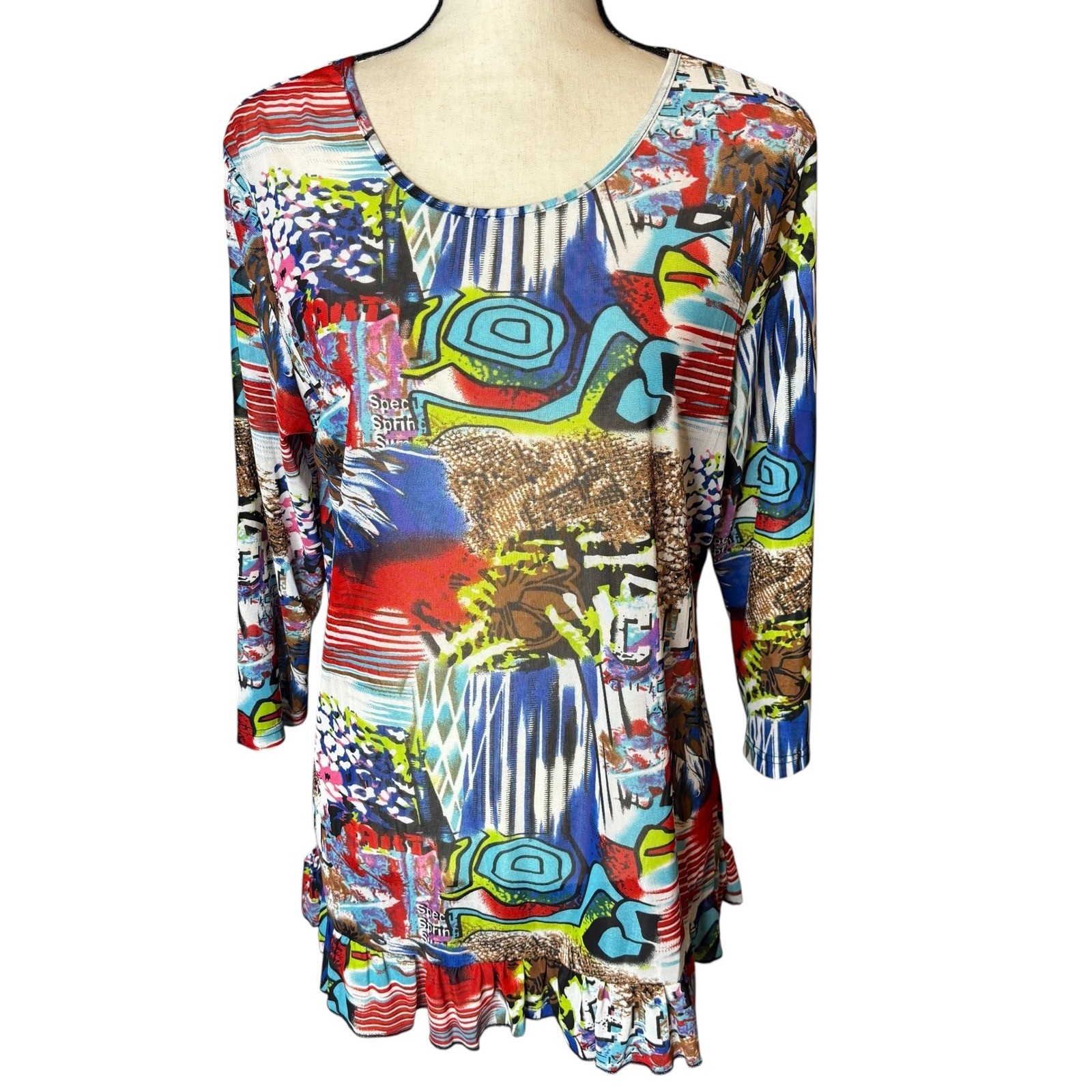 Abstract Art Tunic Top Colorful Print 3/4 Sleeve Ruffle Hem Women’s Size L
