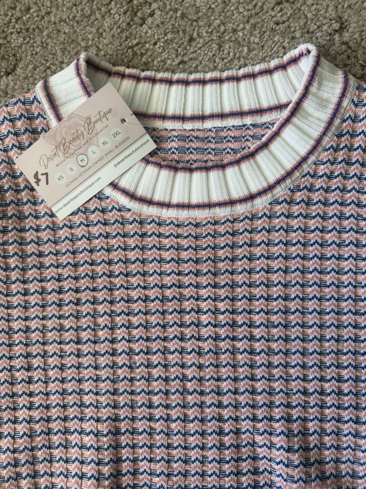 Woman’s Cropped Seater Short Sleeve Blue Pink White Size M