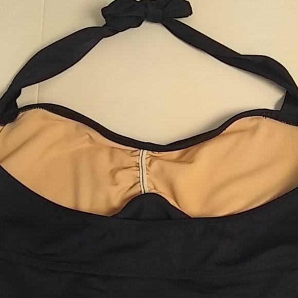 Islander Navy Halter Tank Top Size 12 Nylon/Spandex Blend With Ruched Front & Bo