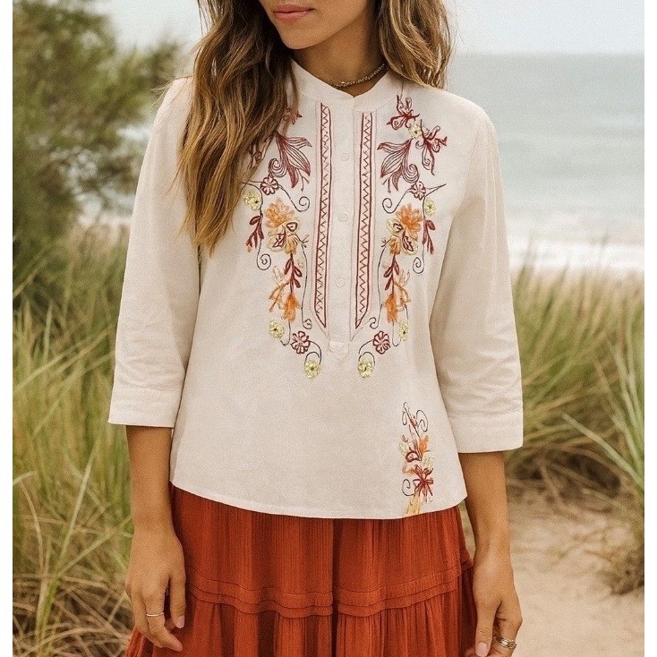 Davi & Dani Embroidered Small White Blouse Top Tunic Boho Festival