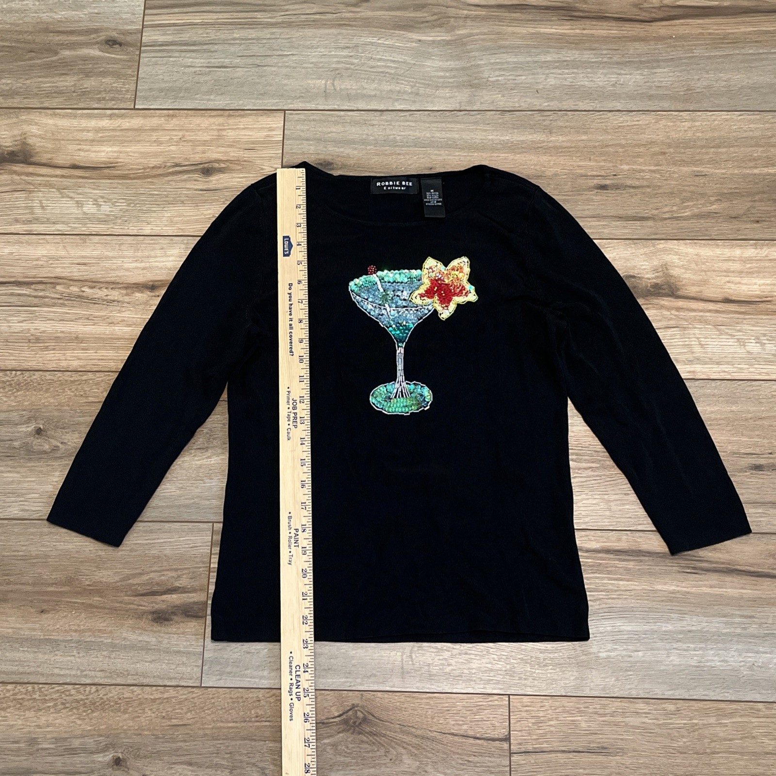 Robbie Bee Cocktail Top MEDIUM Black Stretch Beaded Sequin Tropical Drink y2k