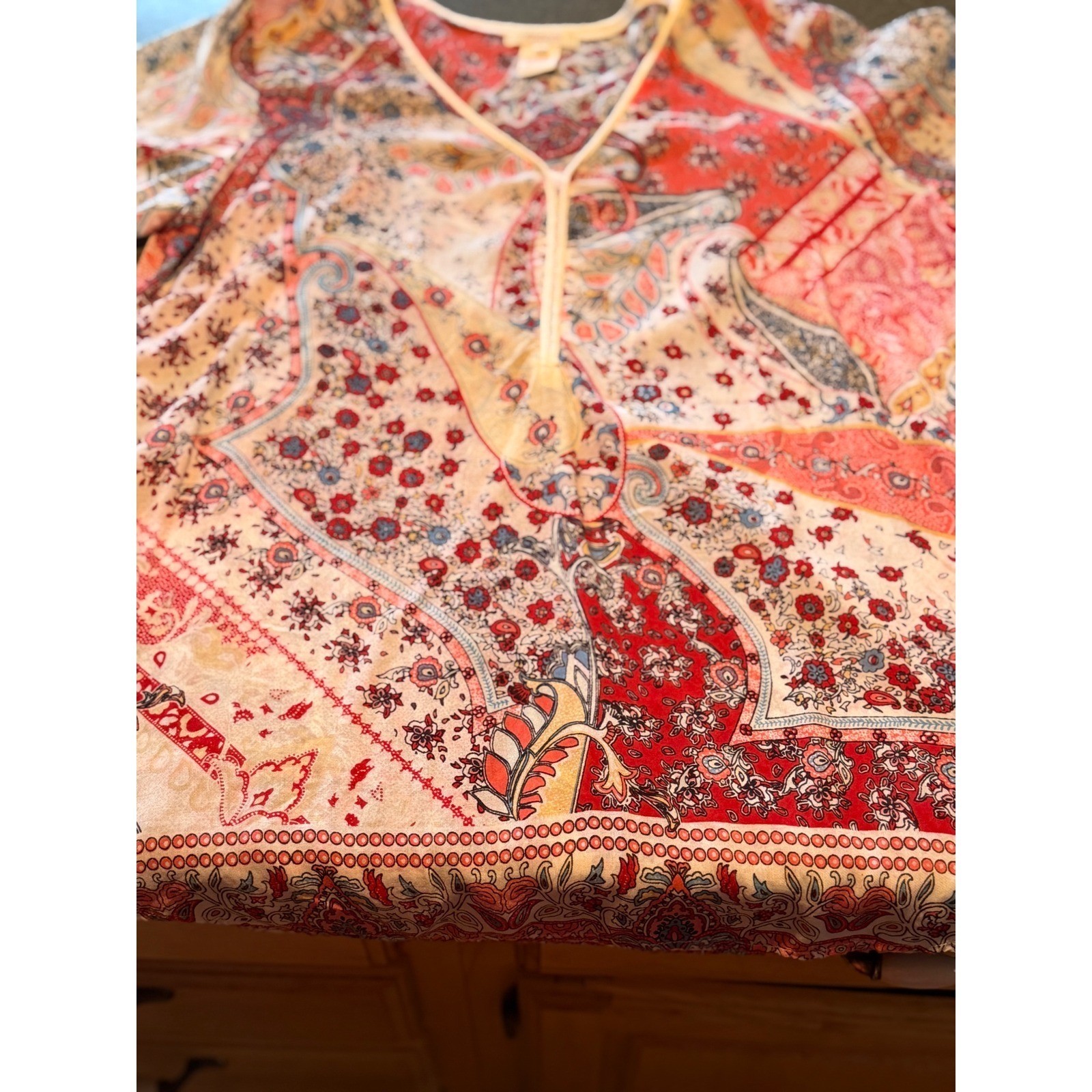 Sundance Womens Red Paisley Floral Rayon Boho Blouse Fringe Tassels Size M