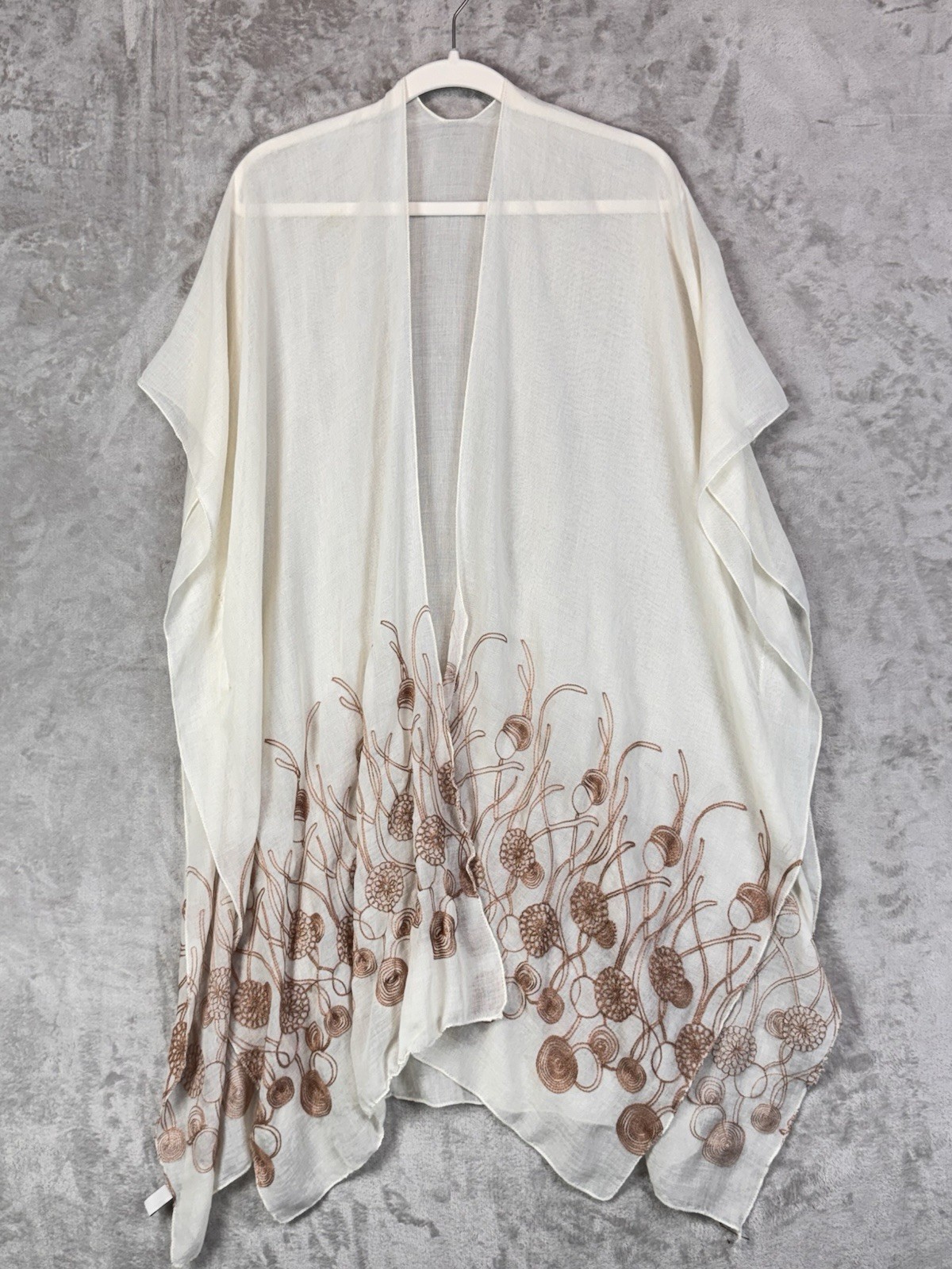 Boho Kimono One Size Cream Embroidered Flowers Lightweight Coverup