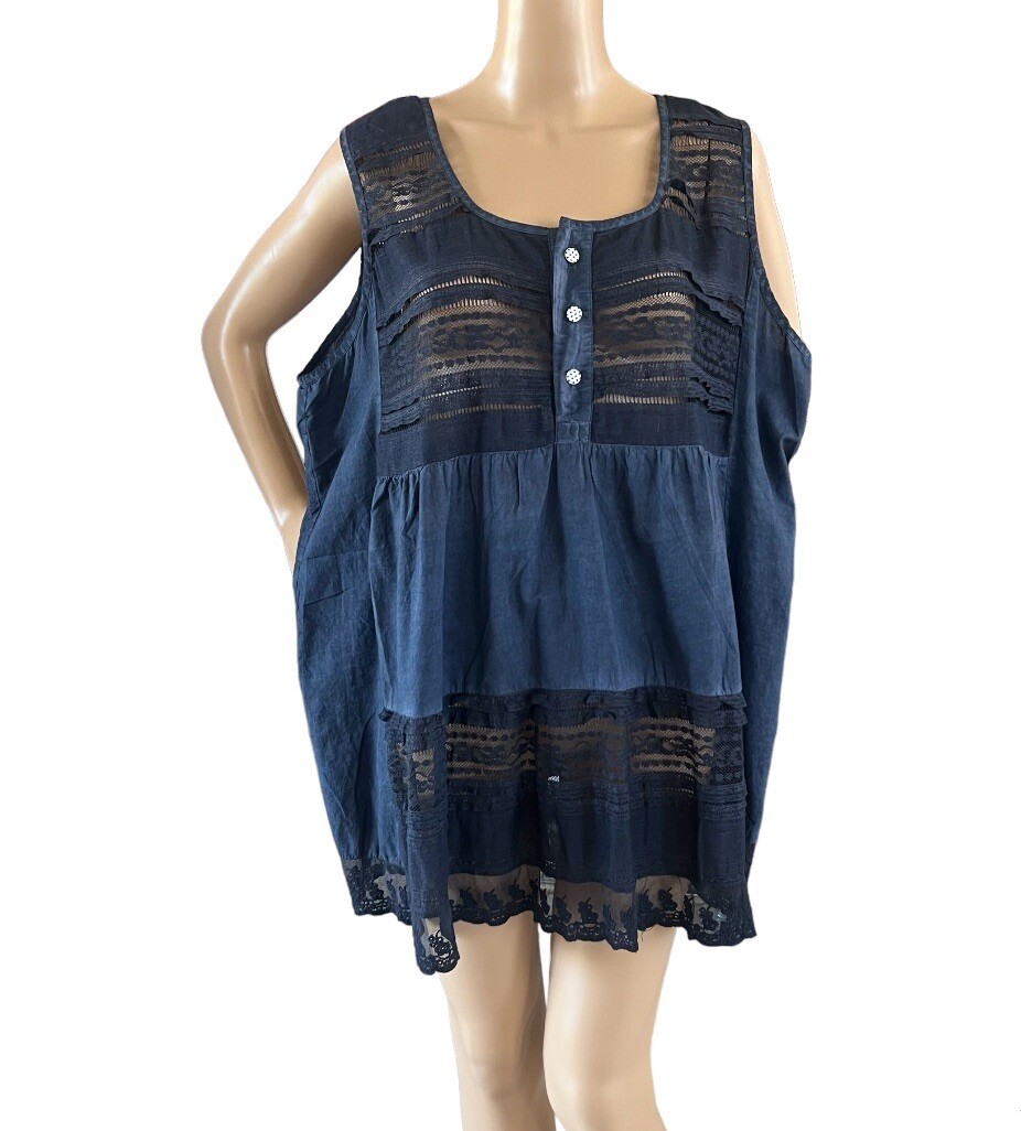 Fantazia Womens Sleeveless Tunic Lace Trimmed Tank Top Navy Blue Size 1XL NWT