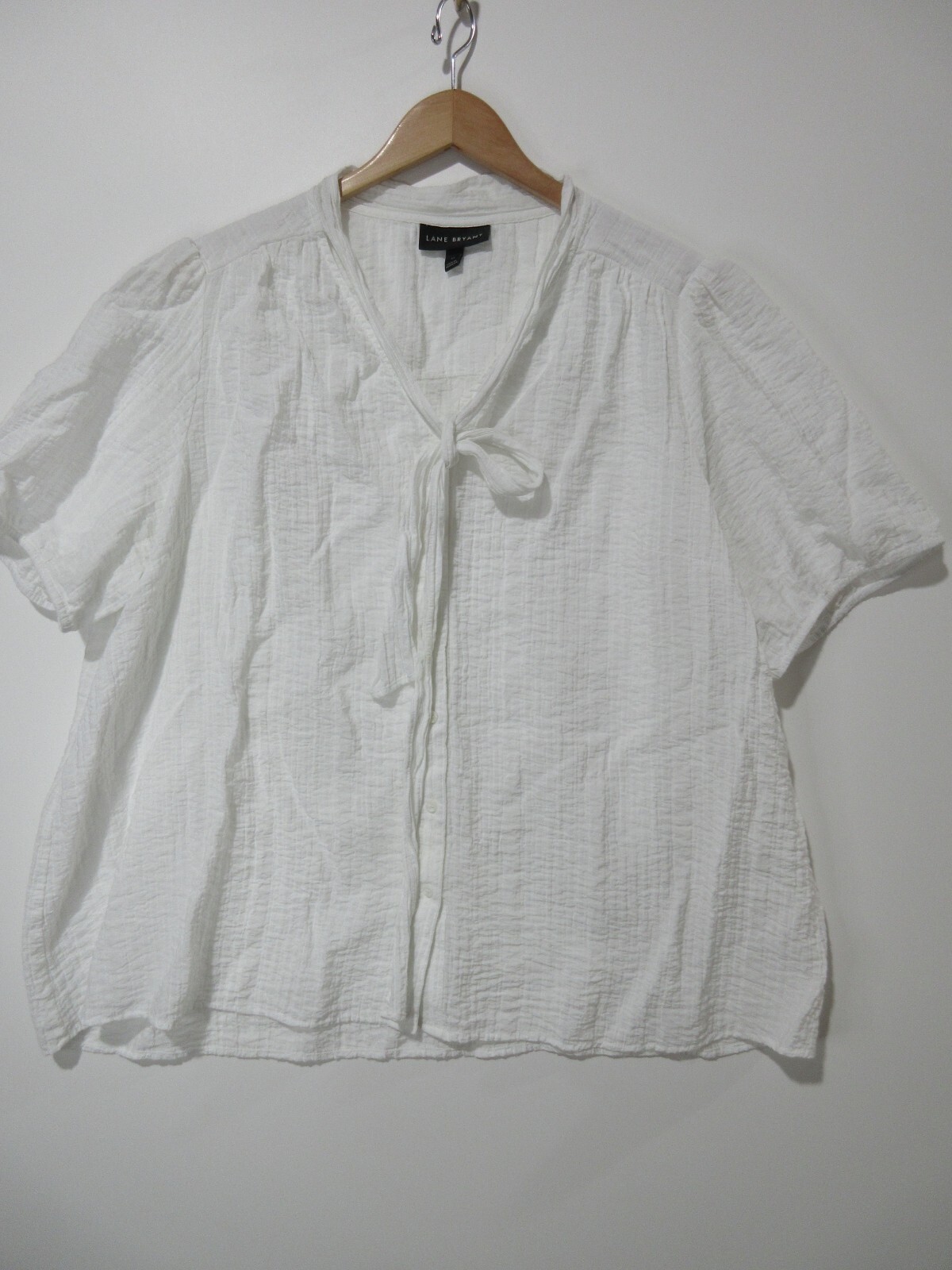 Sz 22 Lane Bryant Blouse Crinkle White Cottagecore Boho Easy Care S/S Top Shirt