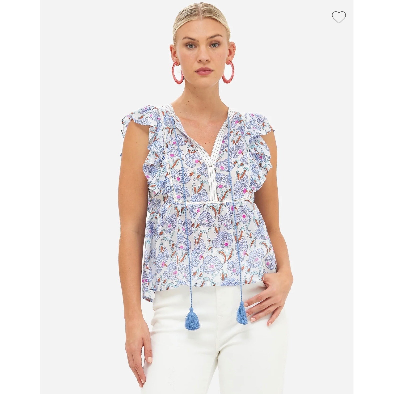 Oliphant Flirty Tie Hand Block Print Silk Cotton Top Size Medium