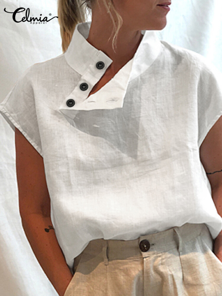 Blusa De Manga Corta De Algodón Y Lino Para Verano Camisa Holgada Moda Elegante