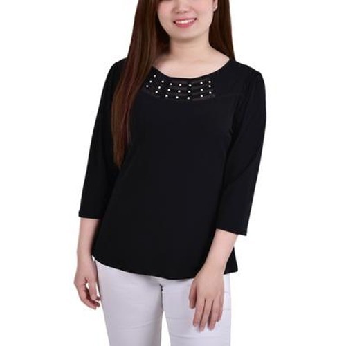 NY Collection Petite 3/4 Sleeve Crepe Knit Top PM Black Scoop Neckline Pullover