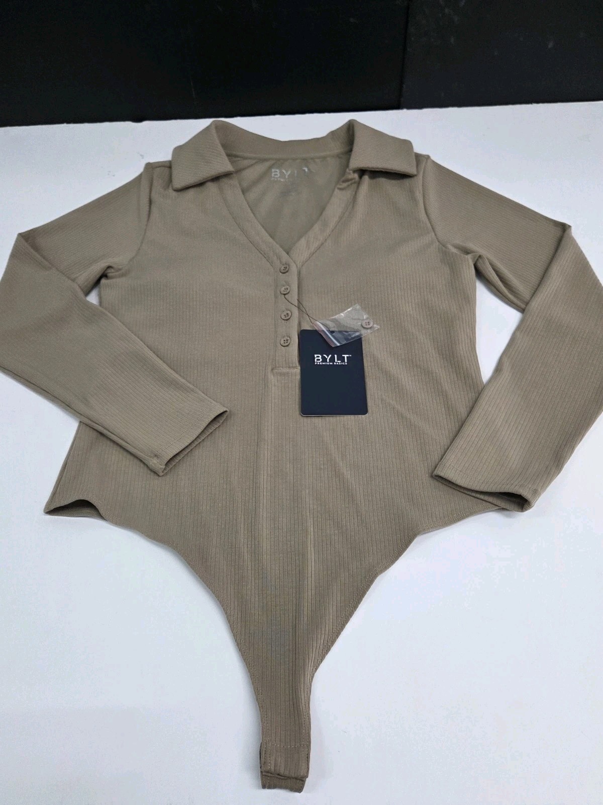 NWT BYLT Premium Basics Women Ribbed Rib Collar L/S Bodysuit Beige L #9007