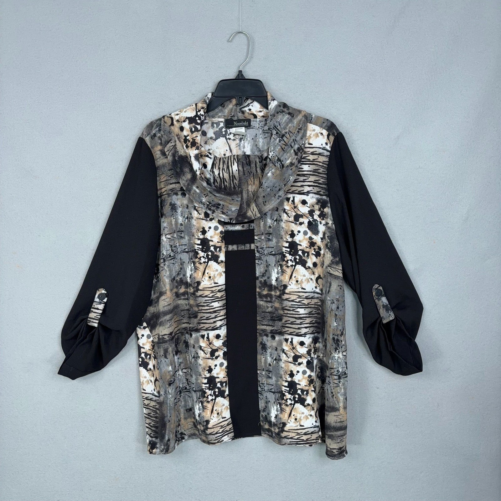 Moonlight Blouse Womens XL Black Tan Abstract Cowl Neck Roll Tab Art To Wear
