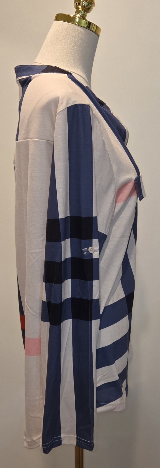 NWT Moyabo Women’s L Quarter Zip Tunic Top Plaid Striped Preppy Career Office