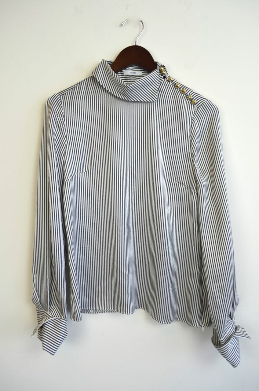 ERDEM Grey White Gold Cuff Link Mock Pin-Stripe Satin Blouse Top 6 = 10 42 38 36