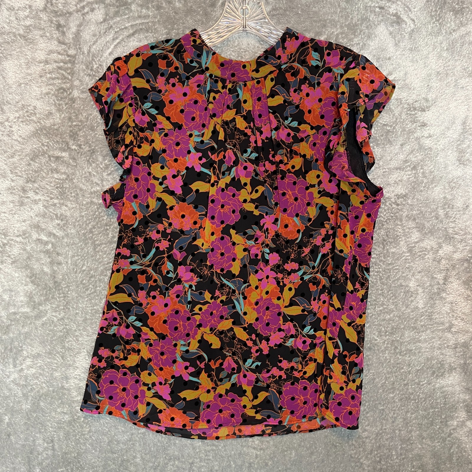DR2 Women Floral Velvet Clip Dot Flutter Sleeve Tie Back Drapey Office Top M
