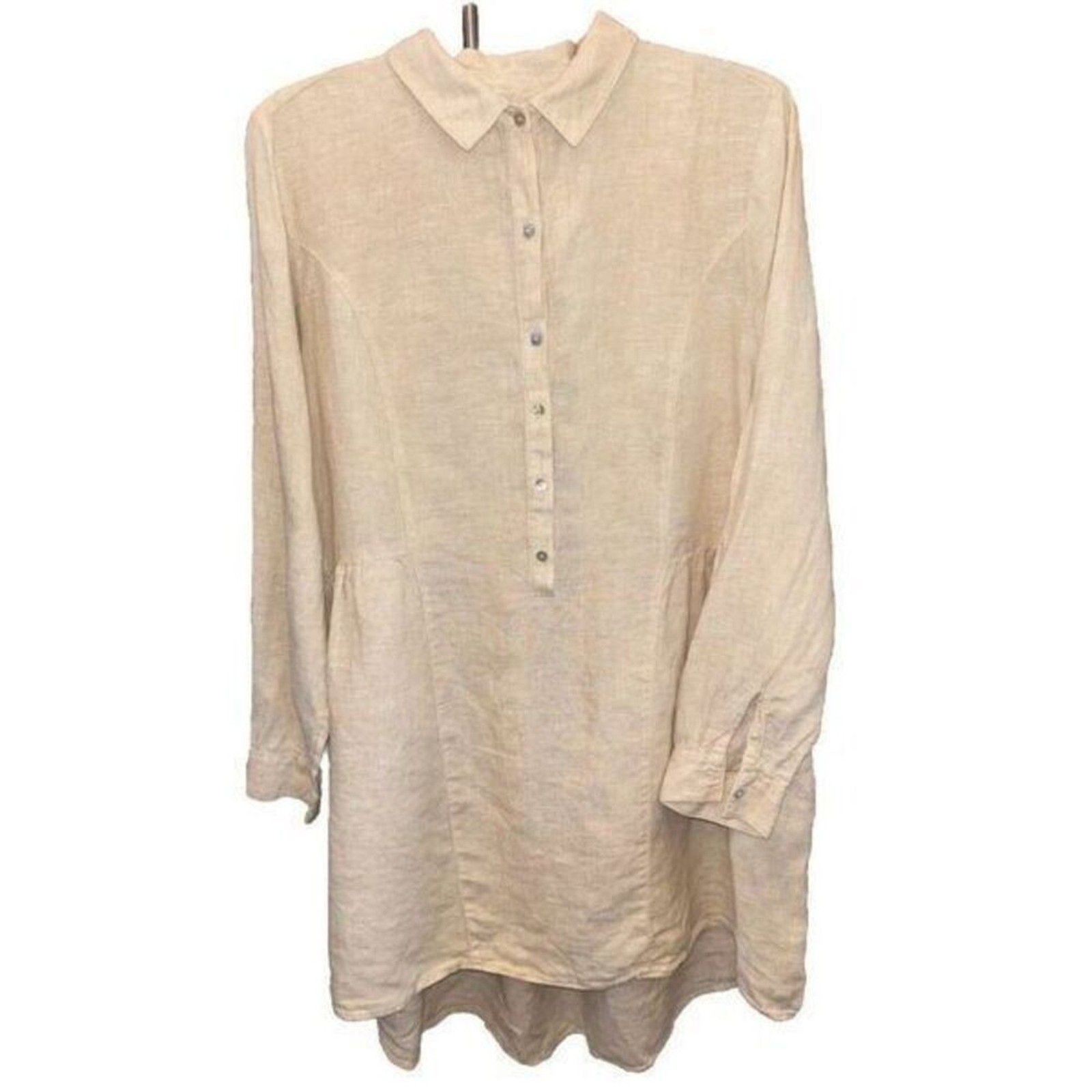 H Halston Beige Linen shirt dress tunic L Pullover Pockets Buttons Collar Gather