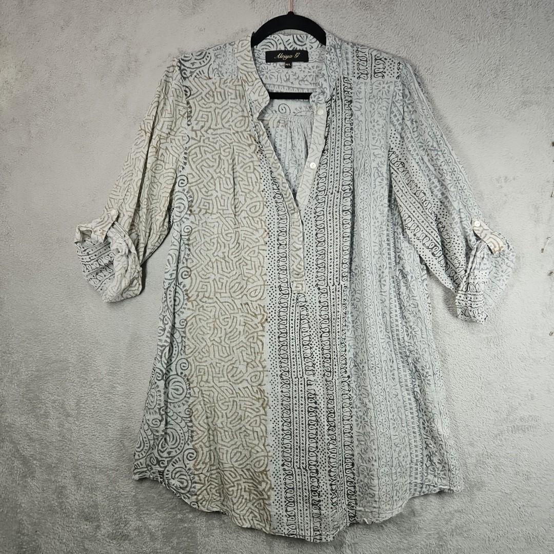 Aleiya G Tan Gray Off Wht Mixed Media V-Neck Tunic Blouse ¾ Roll Tab Slv Sz M/L