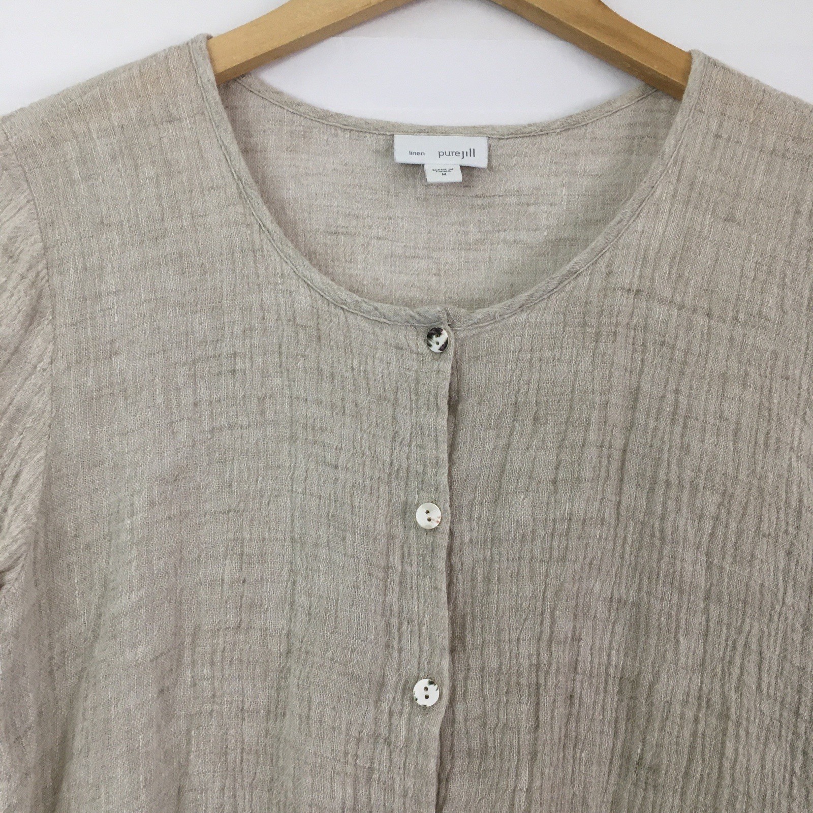 Pure Jill Linen Button Front Cardigan Blouse Top Sz M Crinkle 3/4 Sleeve Pockets