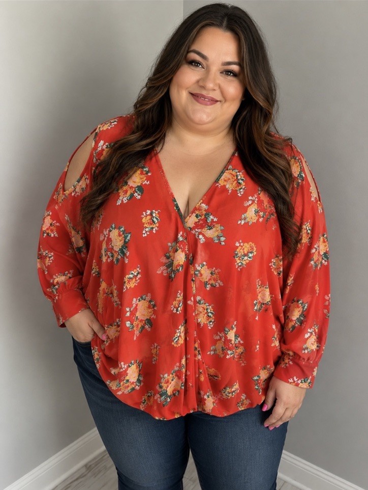 Just Fab 3X Orange Floral Cold-Shoulder Surplice Blouse